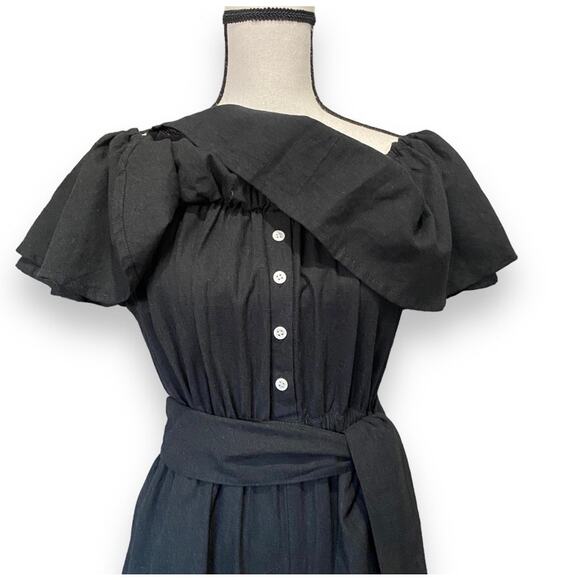 Faithfull The Brand Wide Leg Jumpsuit Sz US 4 Black Linen Ankle On Off Shoulder - Picture 5 of 15